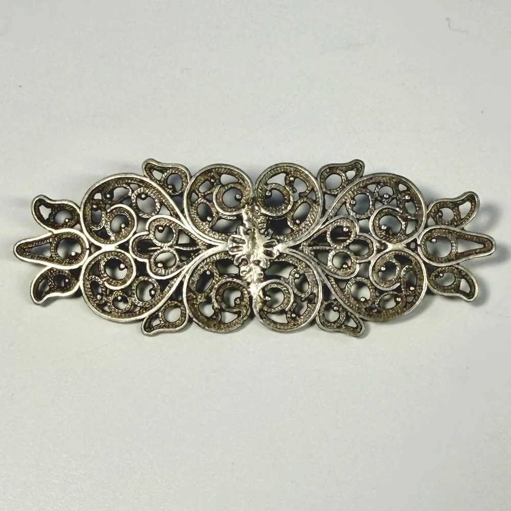 Antique Art Nouveau Filigree Brooch Silver Tone Ornate Open Scroll C Clasp 3